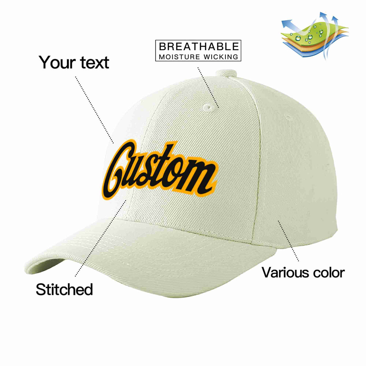 Custom Cream Black-Yellow Curved Eaves Sport Baseball Cap Design for Men/Women/Youth
