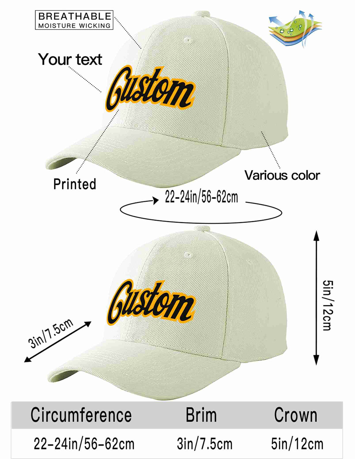 Custom Cream Black-Yellow Curved Eaves Sport Baseball Cap Design for Men/Women/Youth
