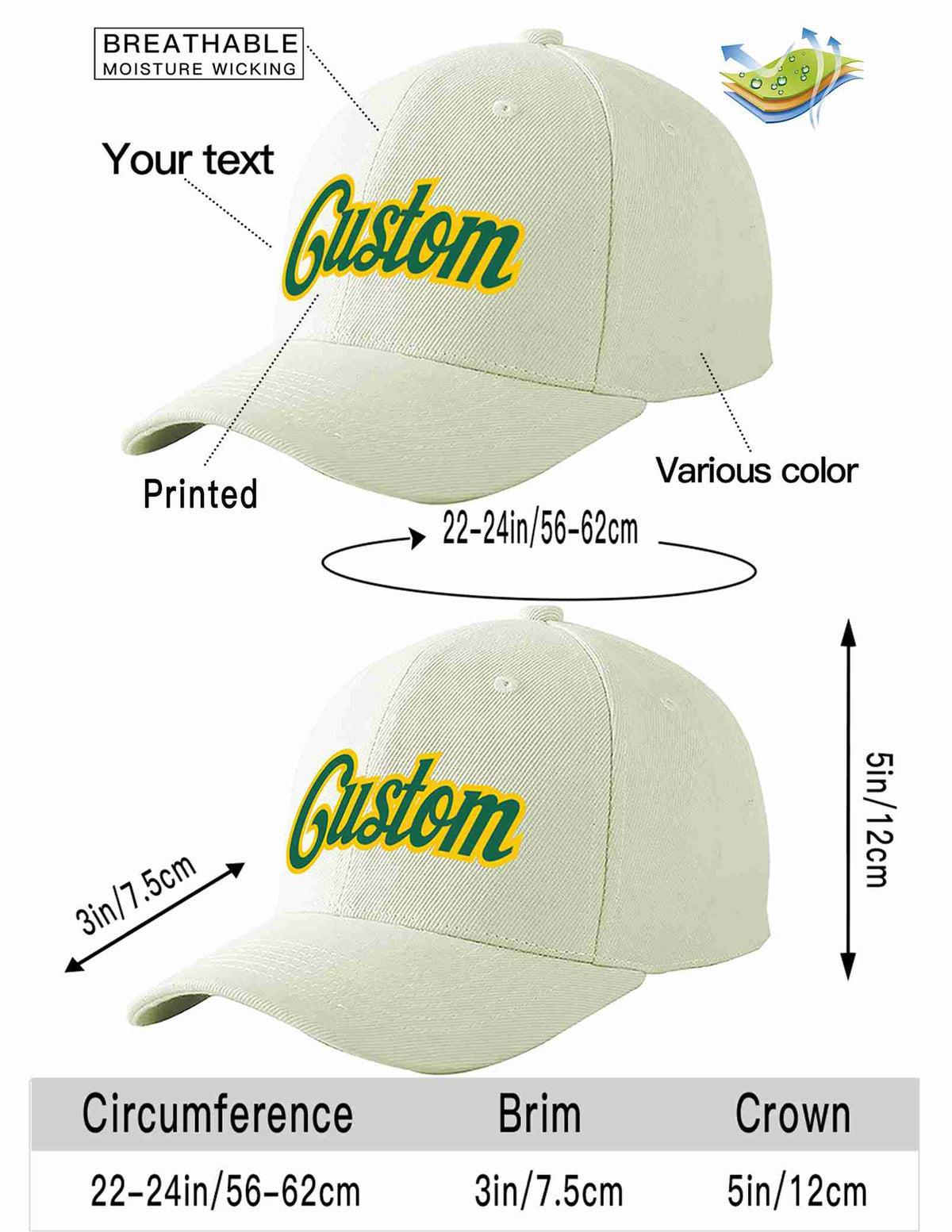 Custom Cream Kelly Green-Gold Curved Eaves Sport Baseball Cap Design for Men/Women/Youth