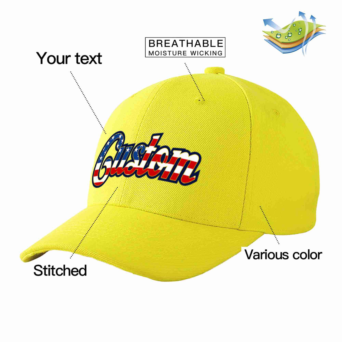 Custom Yellow Vintage USA Flag-Gold Curved Eaves Sport Baseball Cap Design for Men/Women/Youth