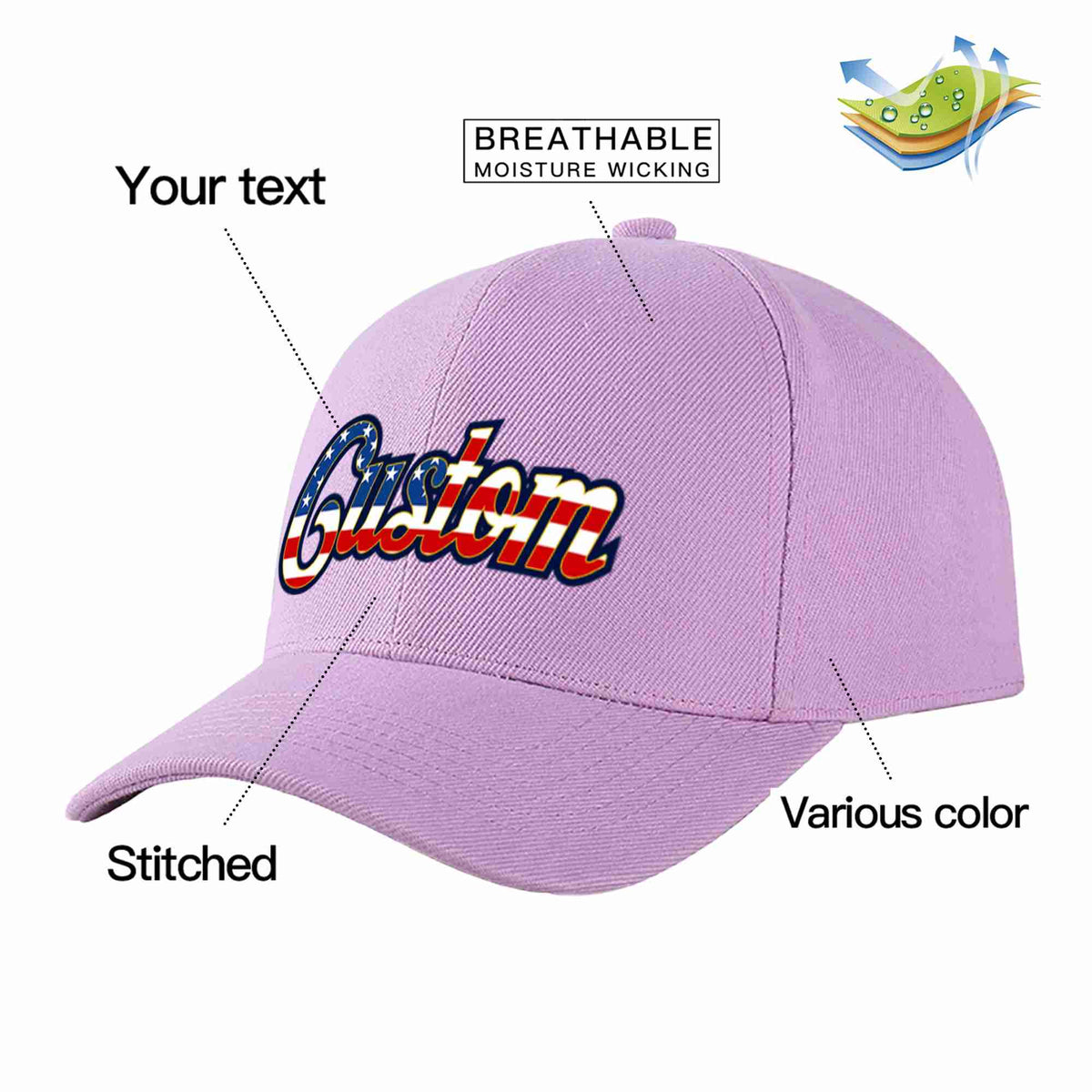 Custom Light Purple Vintage USA Flag-Gold Curved Eaves Sport Baseball Cap Design for Men/Women/Youth