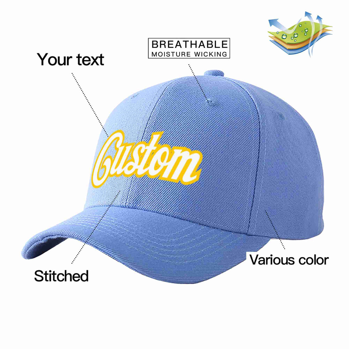 Custom Sky Blue White-Gold Curved Eaves Sport Baseball Cap Design for Men/Women/Youth