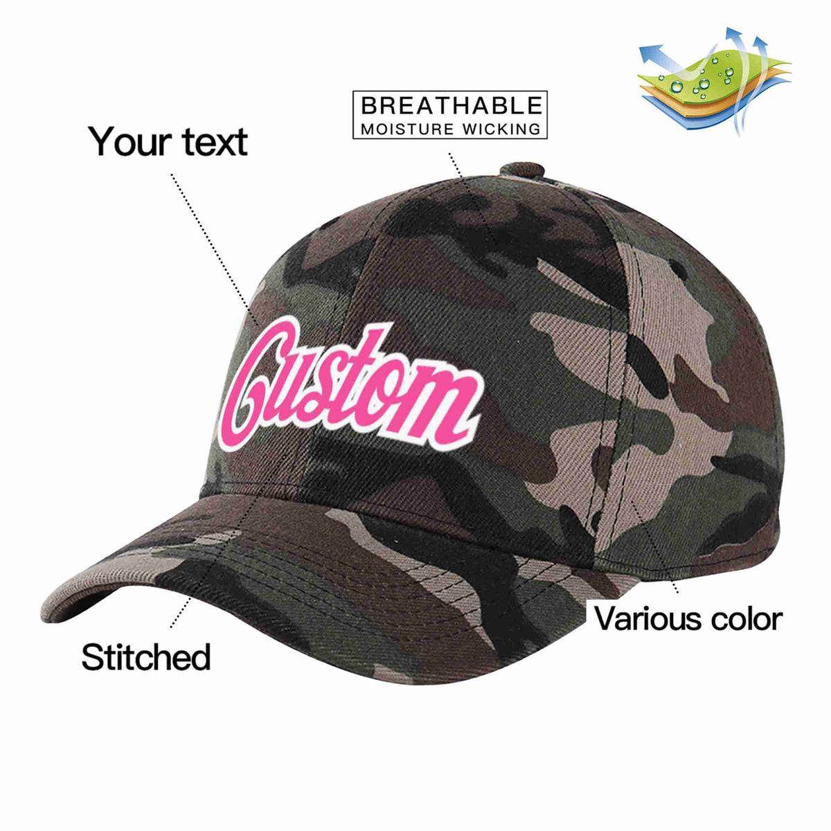 Custom Camo Pink-White Curved Eaves Sport Baseball Cap Design for Men/Women/Youth