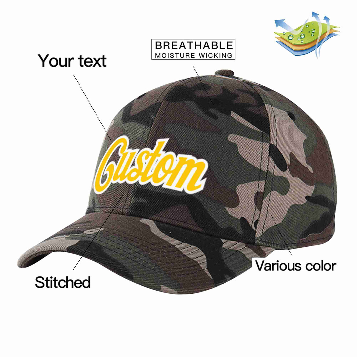 Custom Camo Gold-White Curved Eaves Sport Baseball Cap Design for Men/Women/Youth