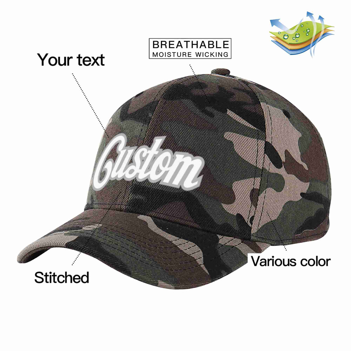 Custom Camo White-Gray Curved Eaves Sport Baseball Cap Design for Men/Women/Youth