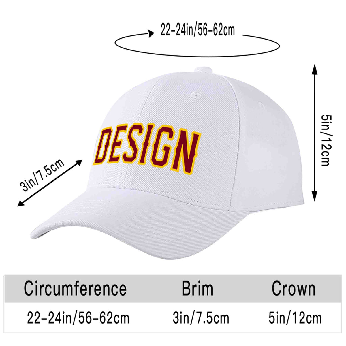 Custom White Crimson-Yellow Curved Eaves Sport Design Baseball Cap