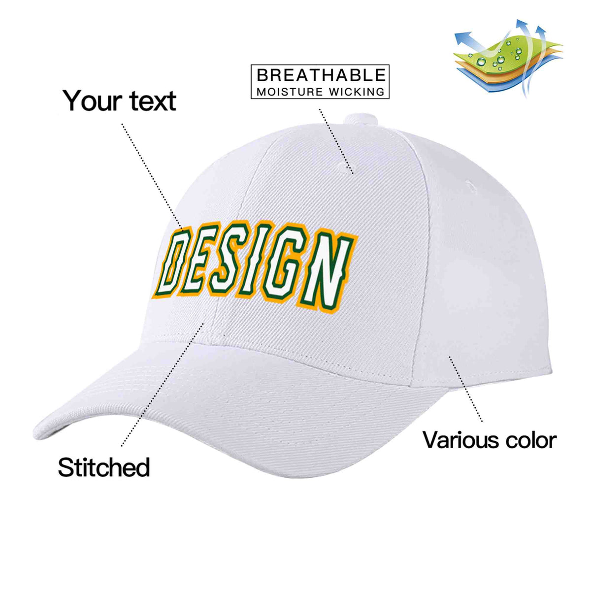 Custom White White-Kelly Green Curved Eaves Sport Design Baseball Cap