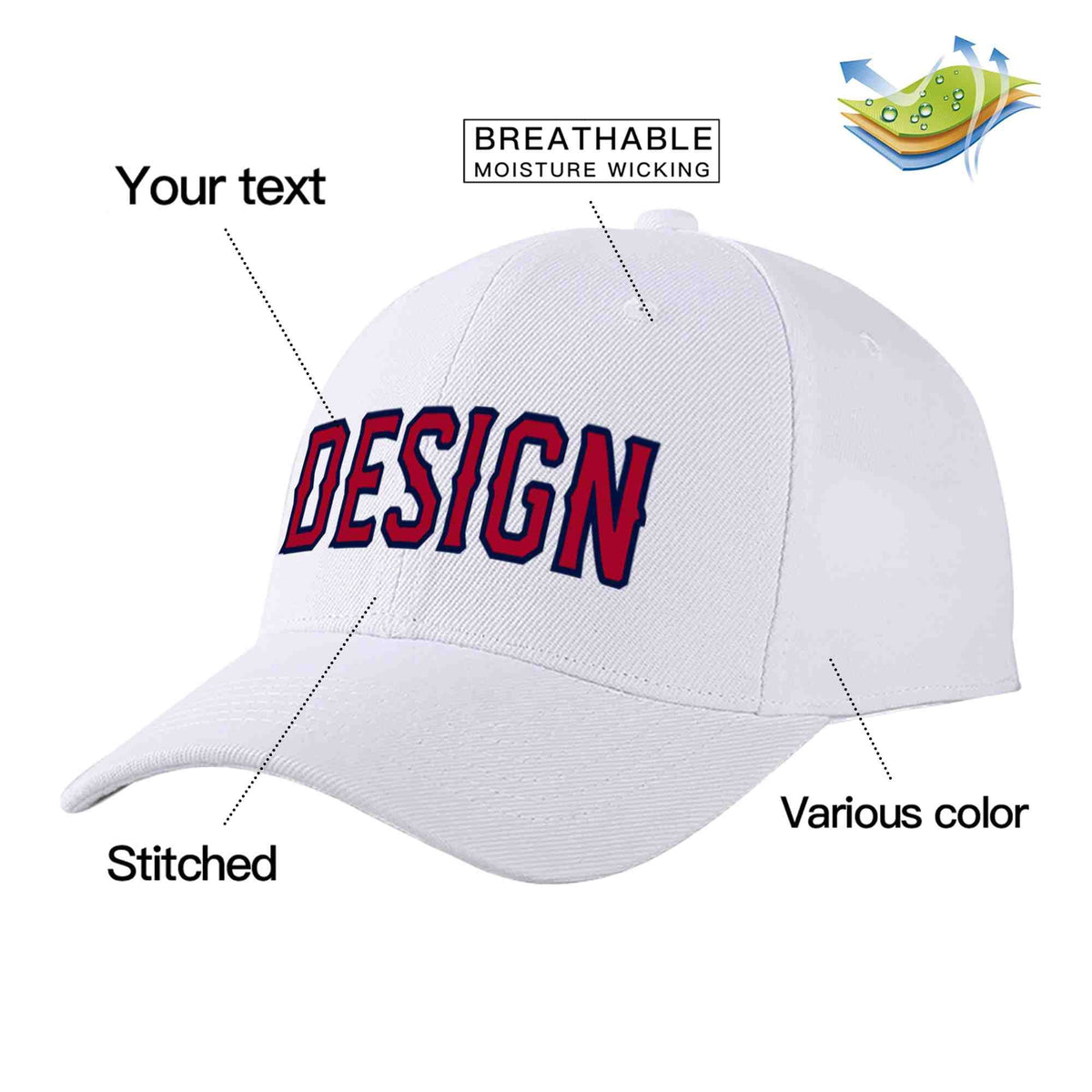 Custom White Red-Navy Curved Eaves Sport Design Baseball Cap