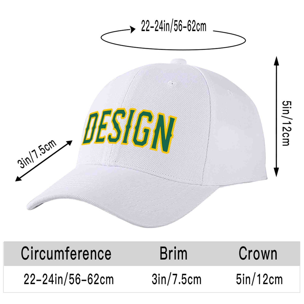 Custom White Kelly Green-Yellow Curved Eaves Sport Design Baseball Cap
