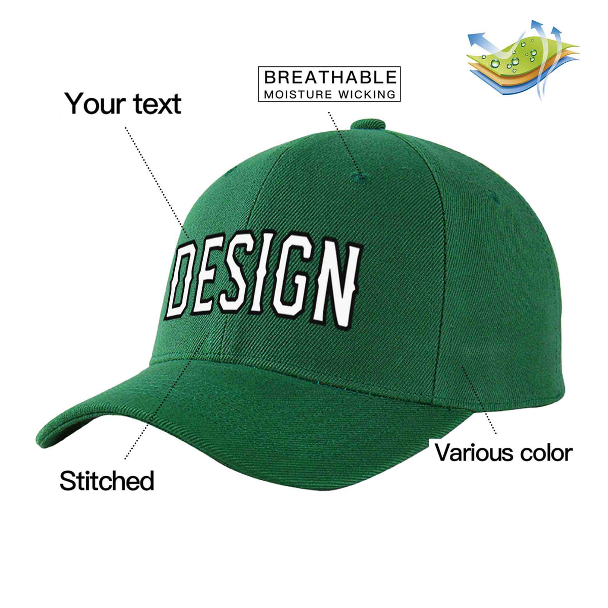 Custom Green White-Black Curved Eaves Sport Design Baseball Cap