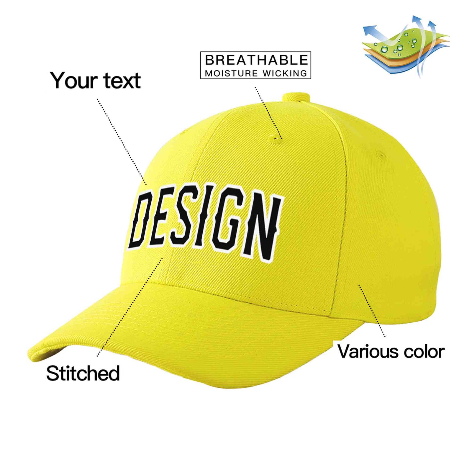 Custom Yellow Black-White Curved Eaves Sport Design Baseball Cap