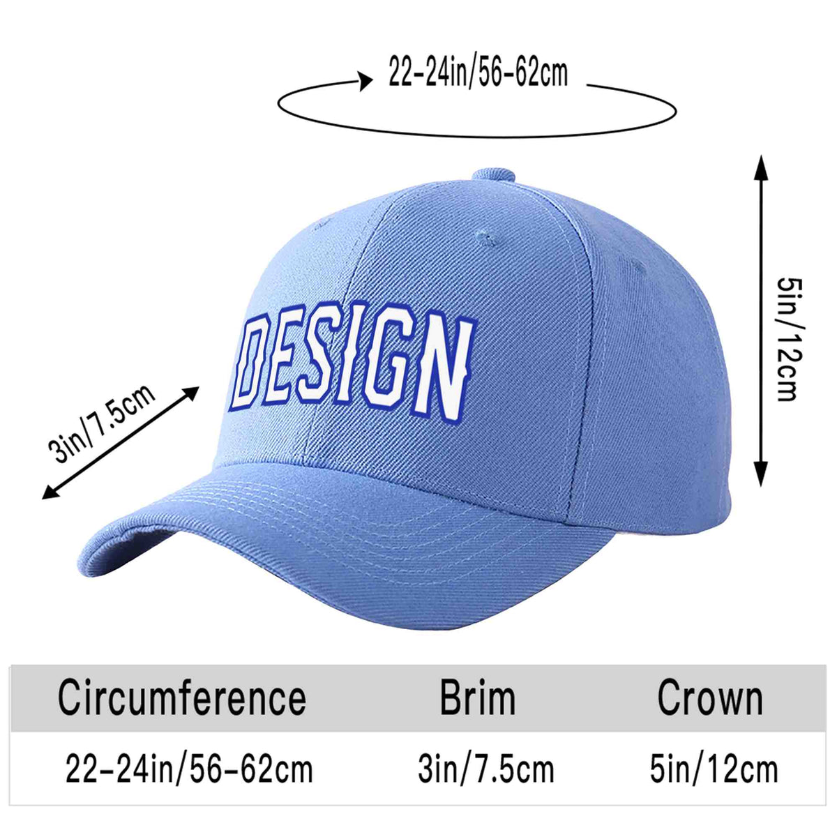 Custom Sky Blue White-Royal Curved Eaves Sport Design Baseball Cap