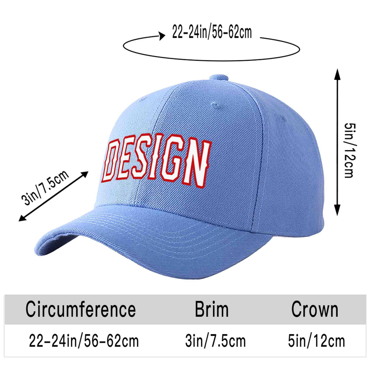 Custom Sky Blue White-Red Curved Eaves Sport Design Baseball Cap