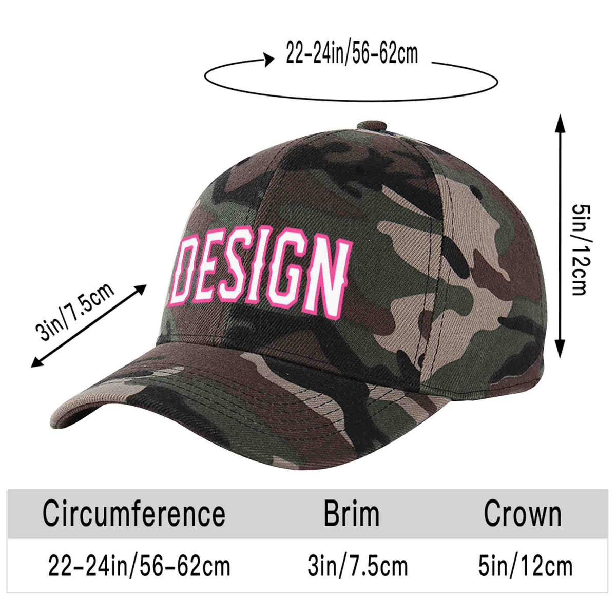 Custom Camo White-Pink Curved Eaves Sport Design Baseball Cap