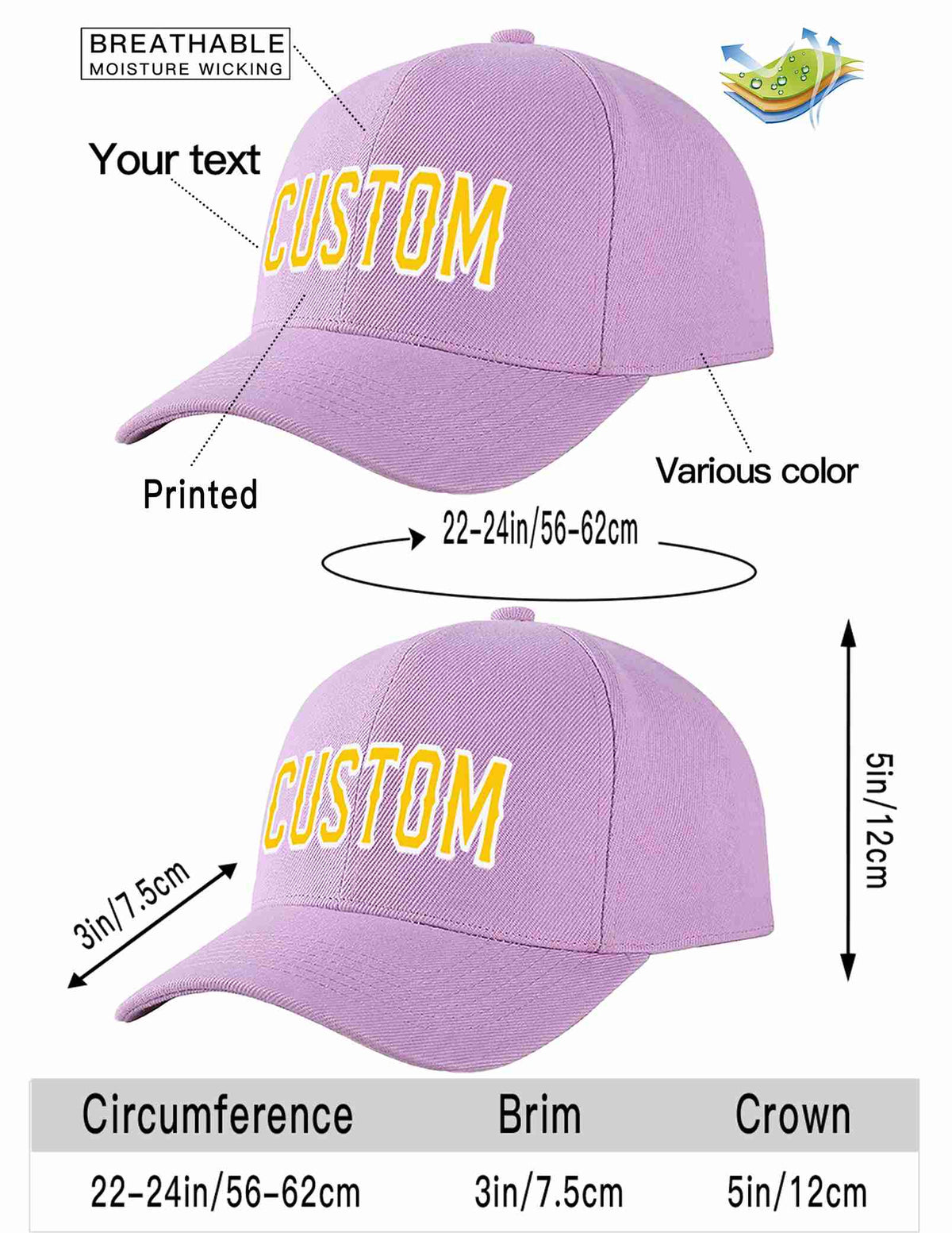 Custom Light Purple Gold-White Curved Eaves Sport Baseball Cap Design for Men/Women/Youth