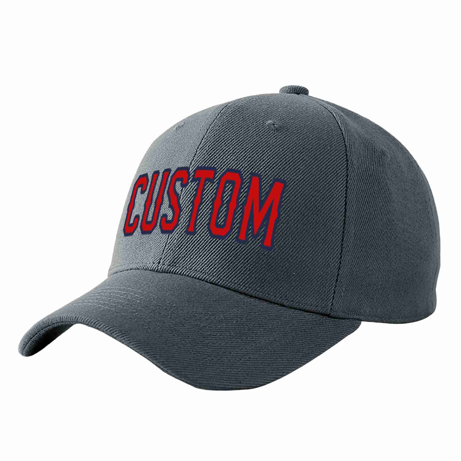 Custom Dark Gray Red-Navy Curved Eaves Sport Baseball Cap Design for Men/Women/Youth