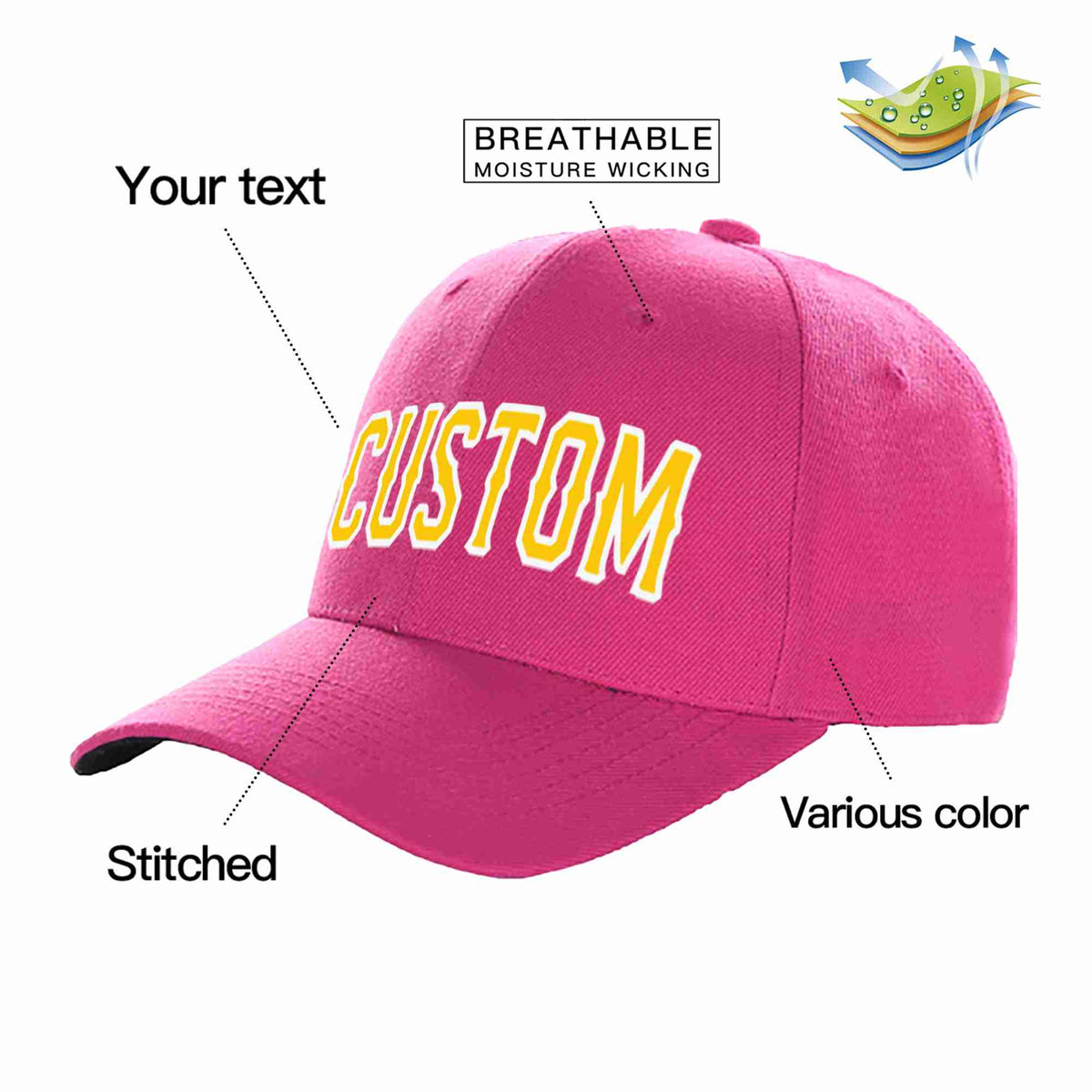 Custom Rose Red Gold-White Curved Eaves Sport Baseball Cap Design for Men/Women/Youth