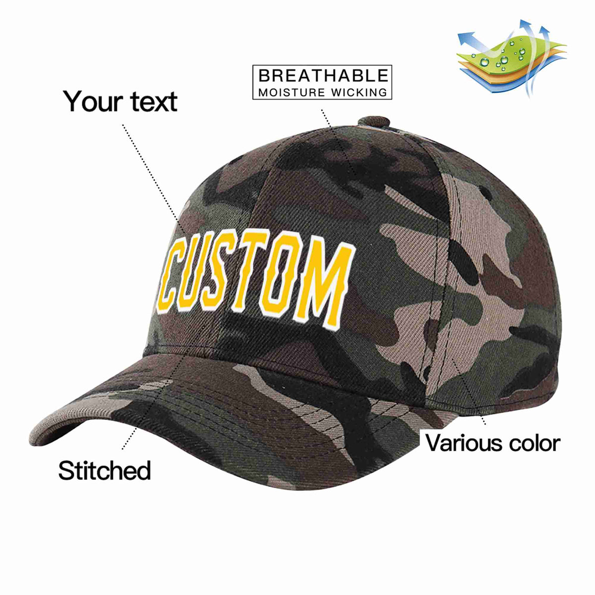 Custom Camo Gold-White Curved Eaves Sport Baseball Cap Design for Men/Women/Youth