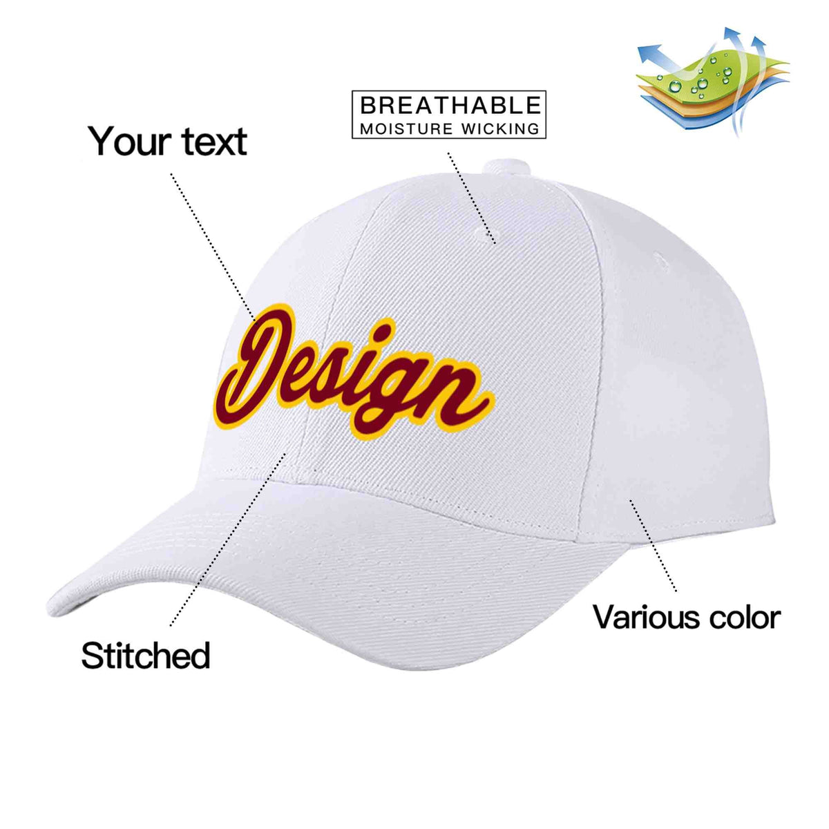 Custom White Crimson-Yellow Curved Eaves Sport Design Baseball Cap