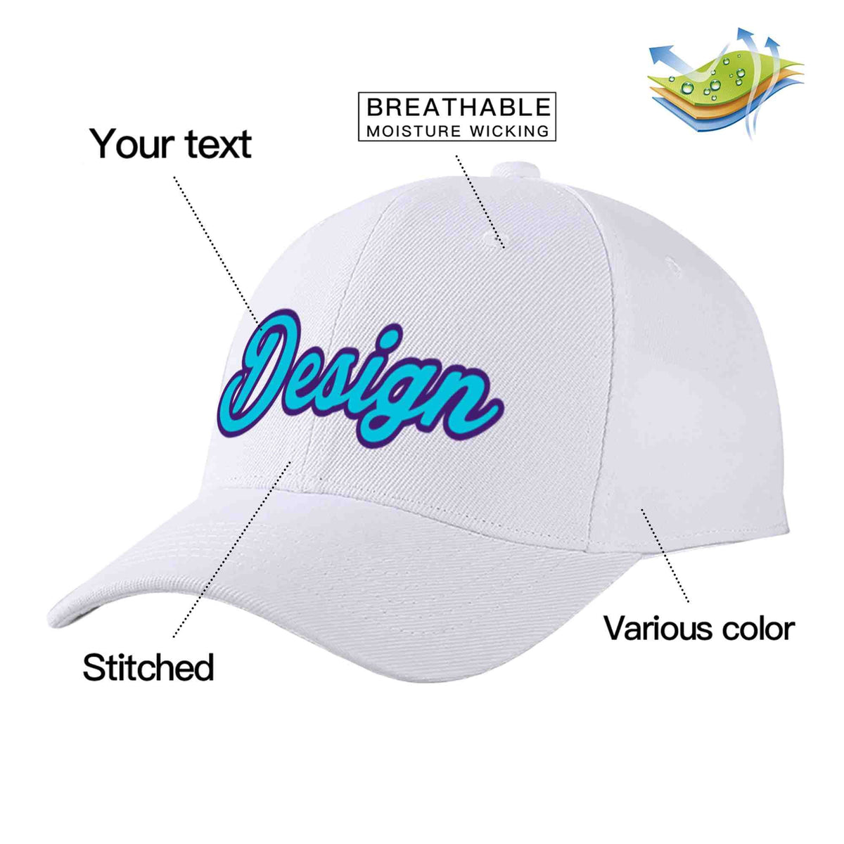Custom White Light Blue-Purple Curved Eaves Sport Design Baseball Cap