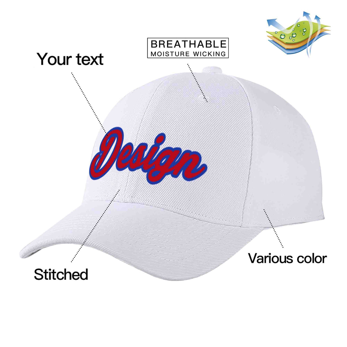 Custom White Red-Royal Curved Eaves Sport Design Baseball Cap
