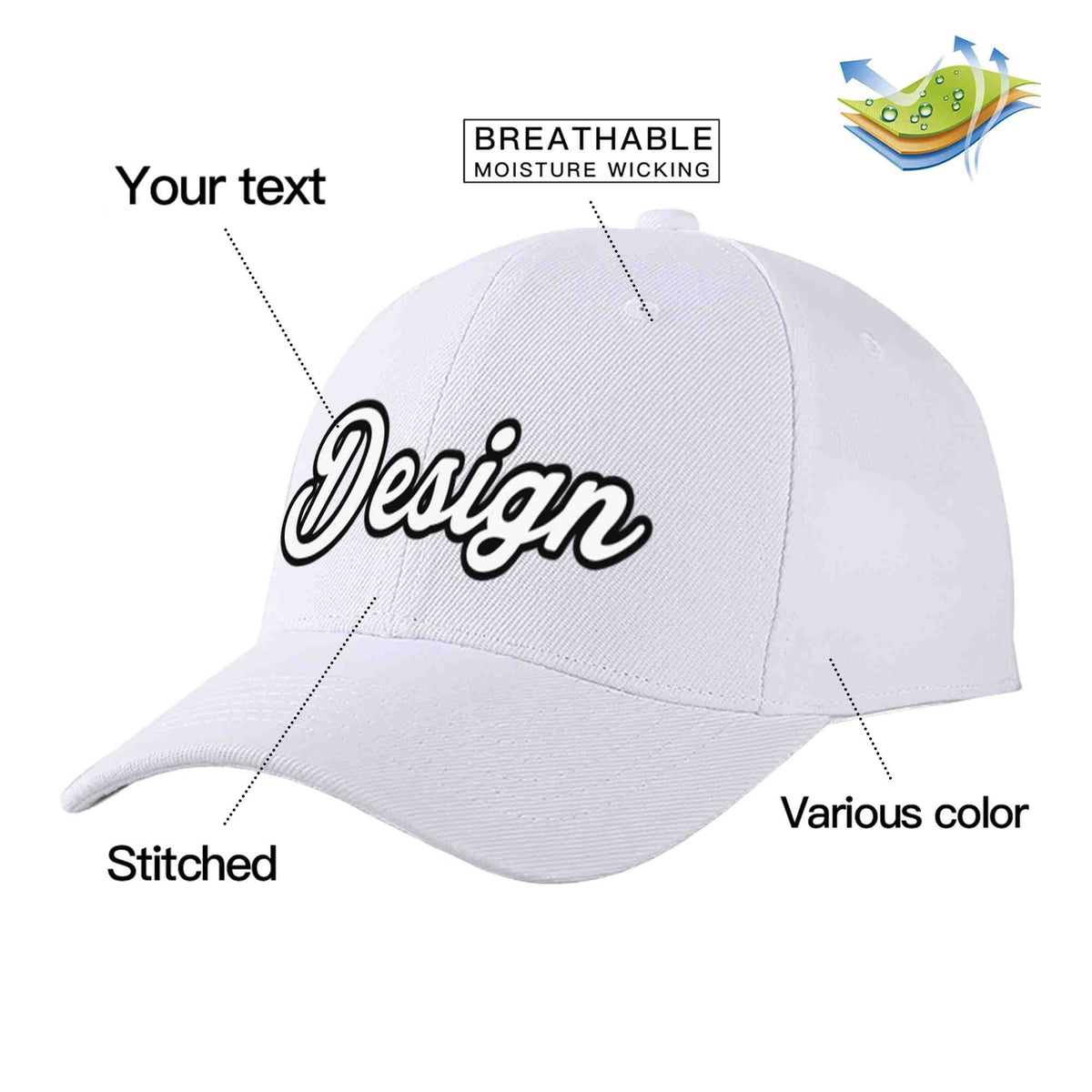 Custom White White-Black Curved Eaves Sport Design Baseball Cap