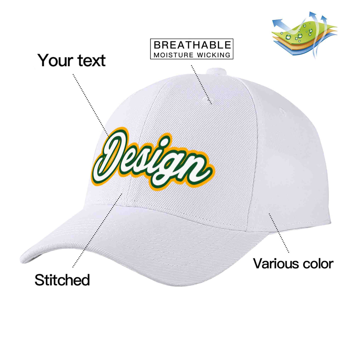 Custom White White-Kelly Green Curved Eaves Sport Design Baseball Cap