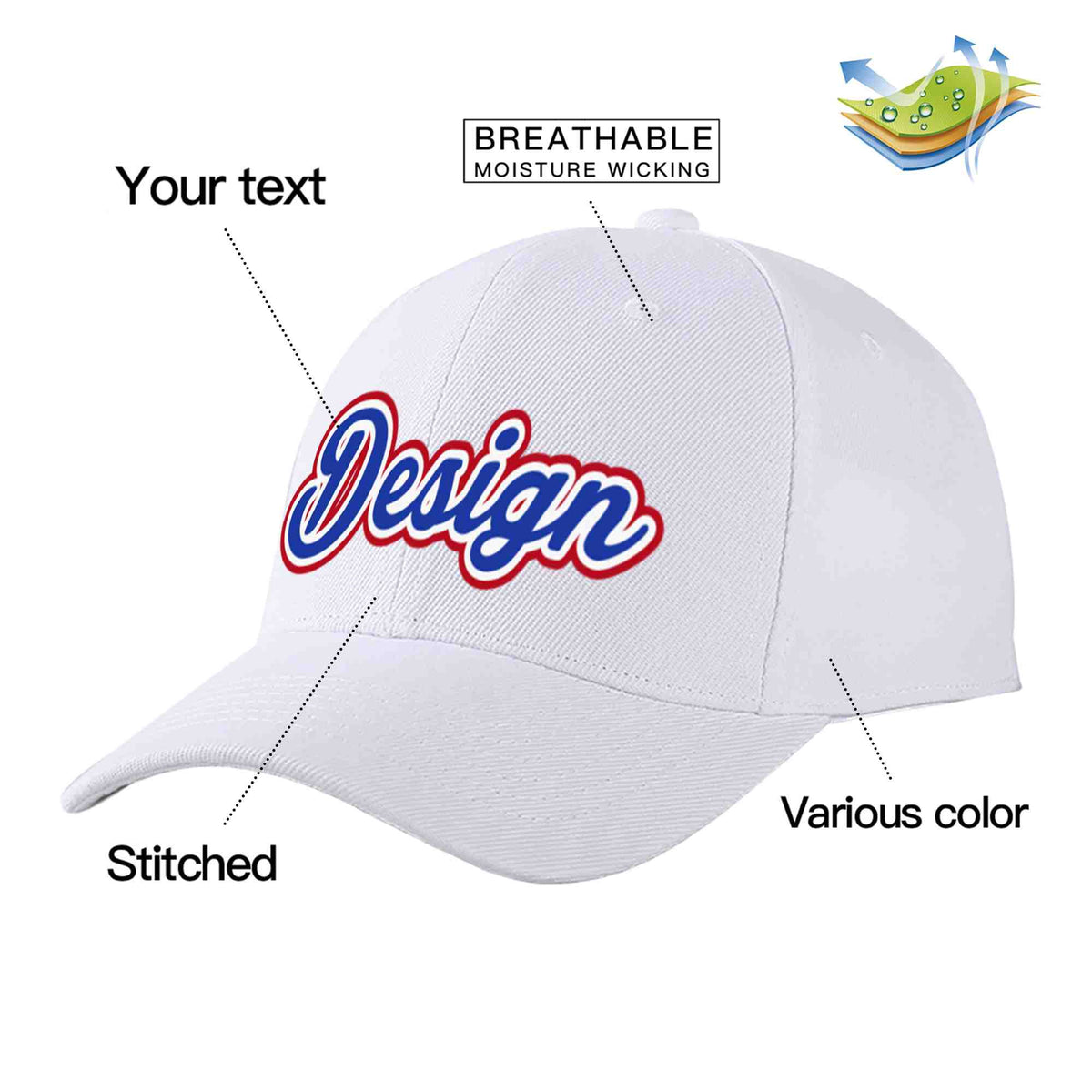 Custom White Royal-White Curved Eaves Sport Design Baseball Cap