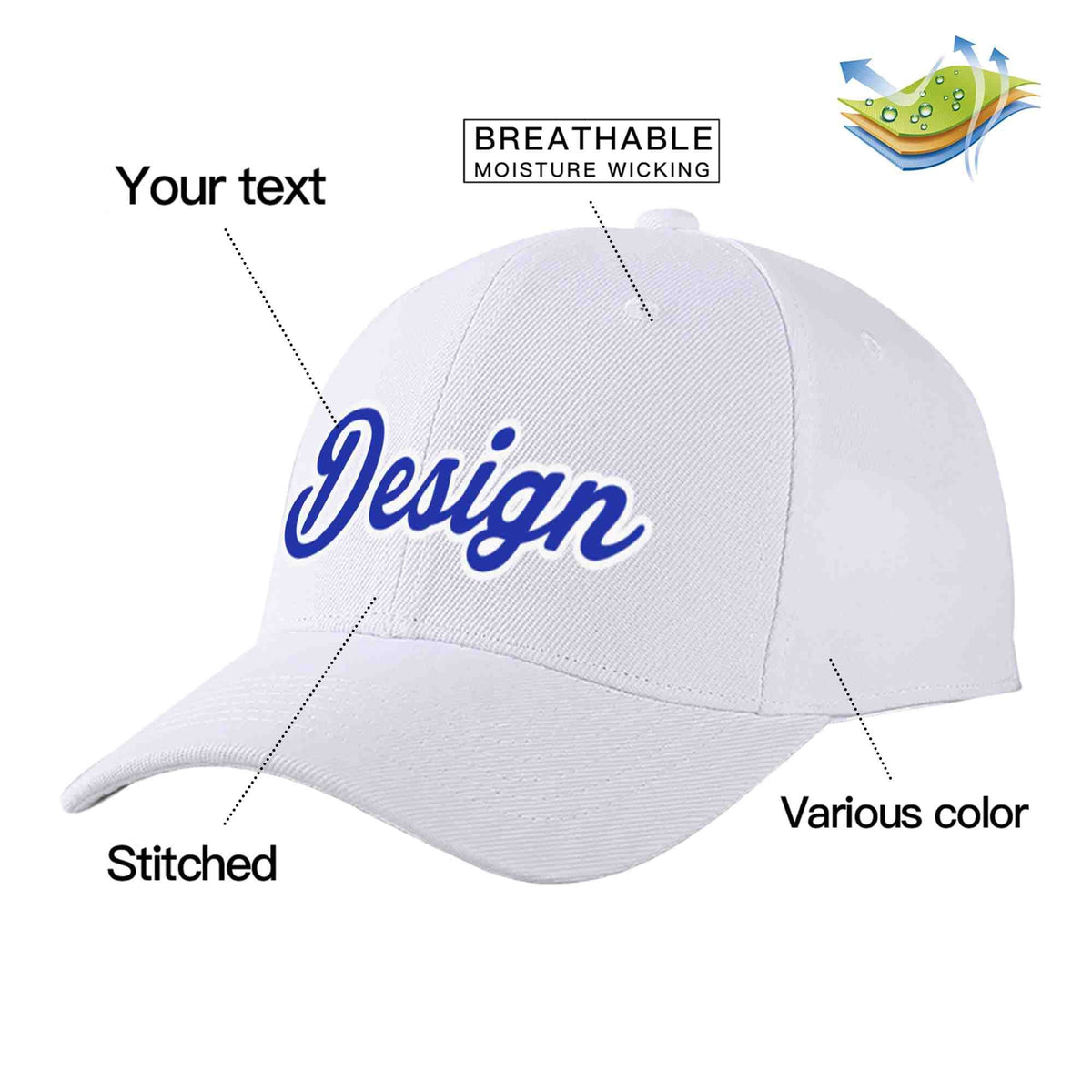 Custom White Royal-White Curved Eaves Sport Design Baseball Cap