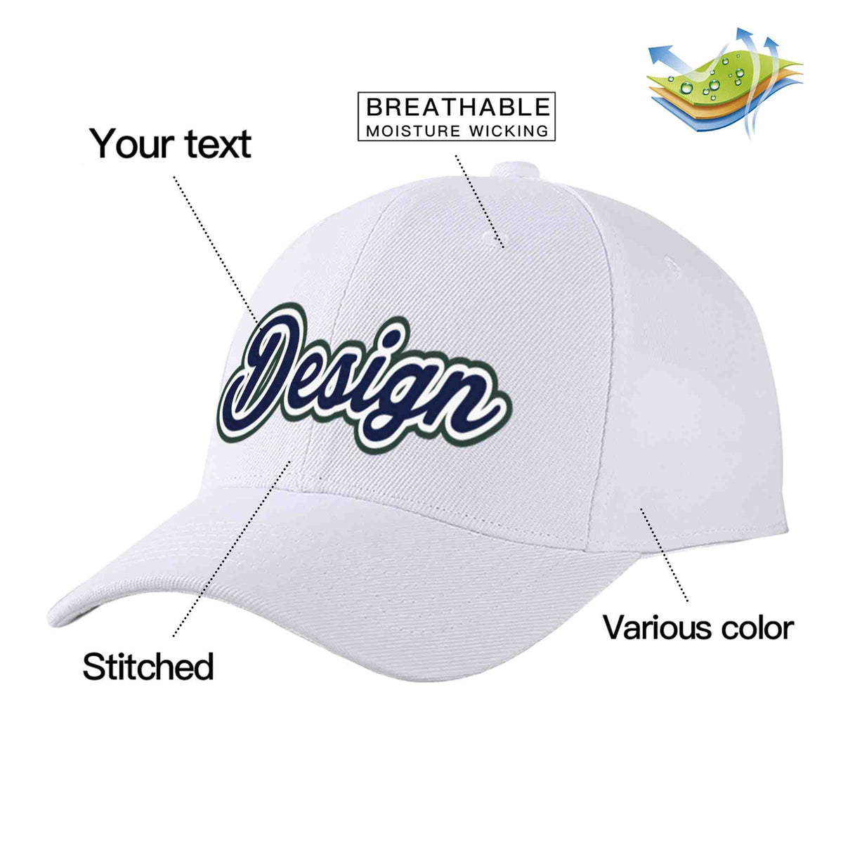 Custom White Navy-White Curved Eaves Sport Design Baseball Cap