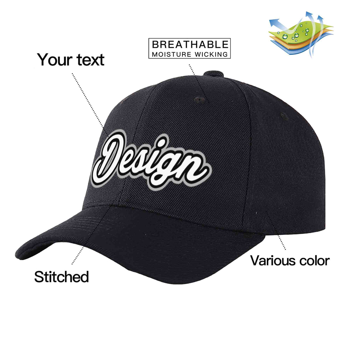 Custom Black White-Black Curved Eaves Sport Design Baseball Cap