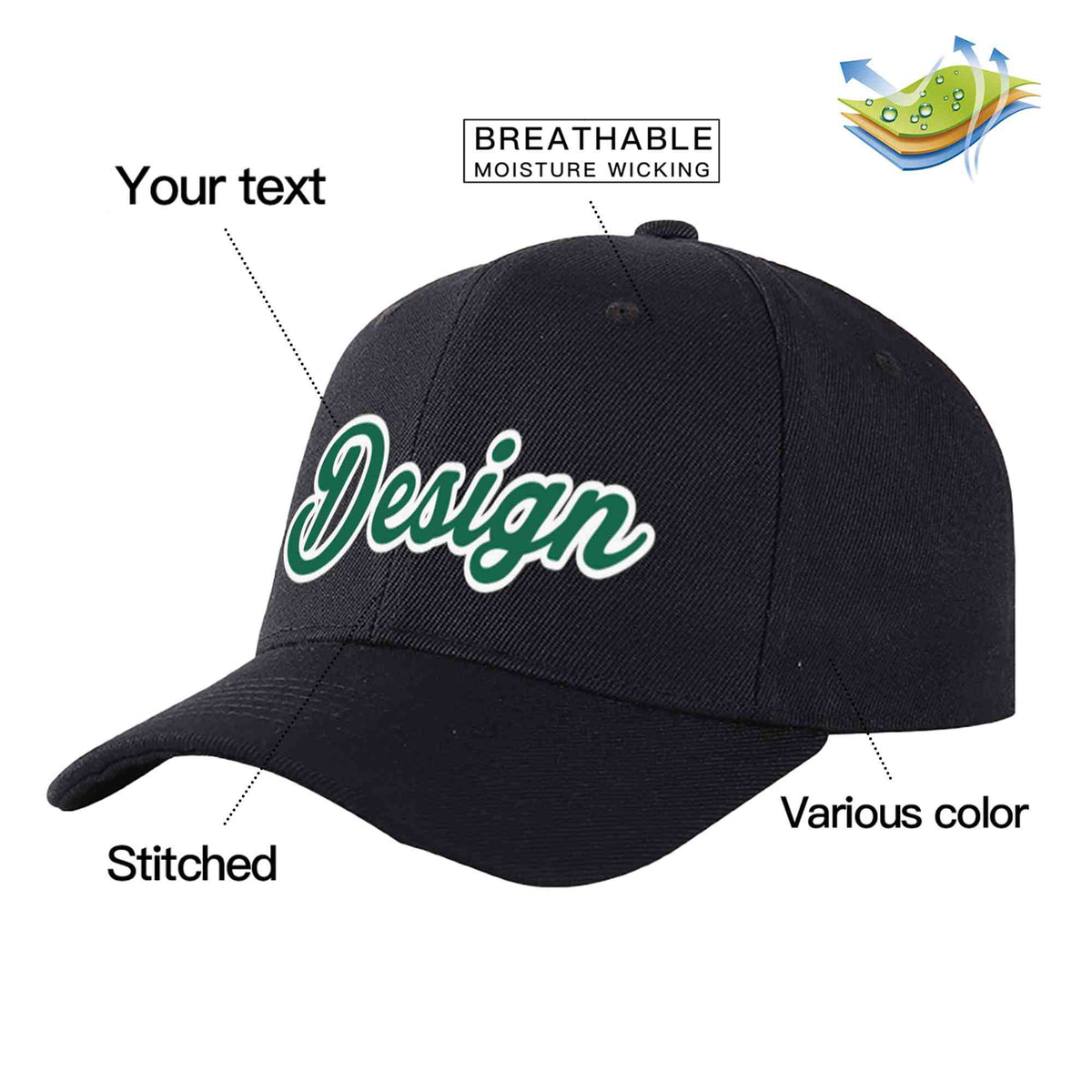Custom Black Kelly Green-White Curved Eaves Sport Design Baseball Cap