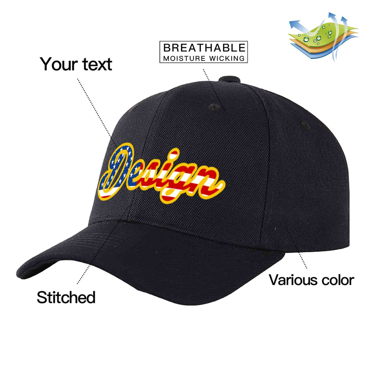 Custom Black Vintage USA Flag-Gold Curved Eaves Sport Design Baseball Cap