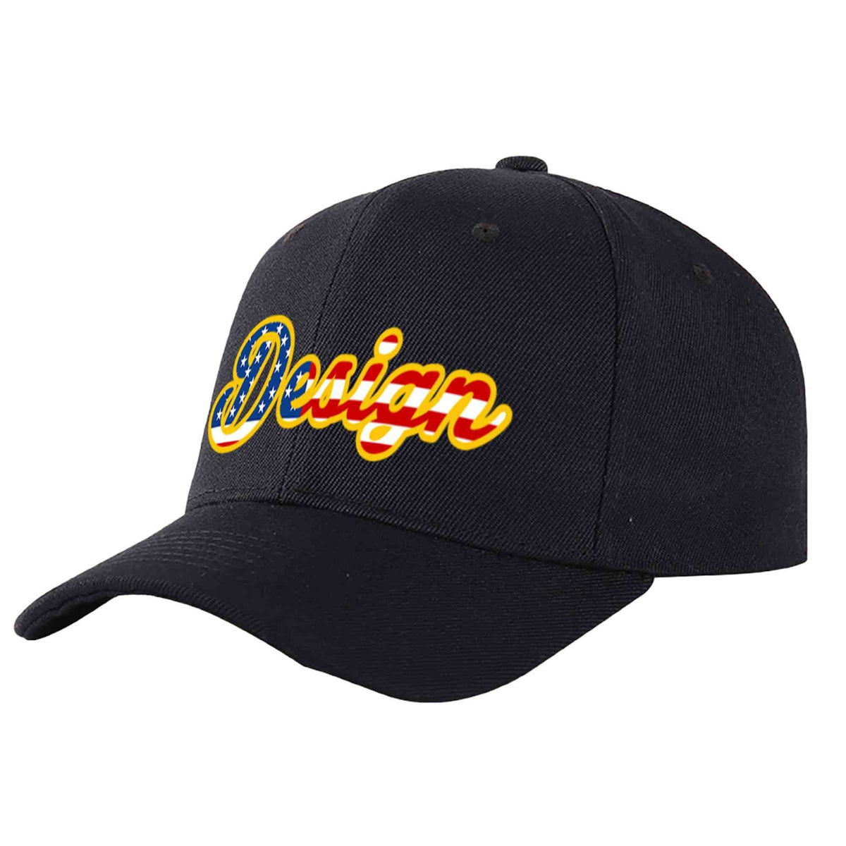 Custom Black Vintage USA Flag-Gold Curved Eaves Sport Design Baseball Cap