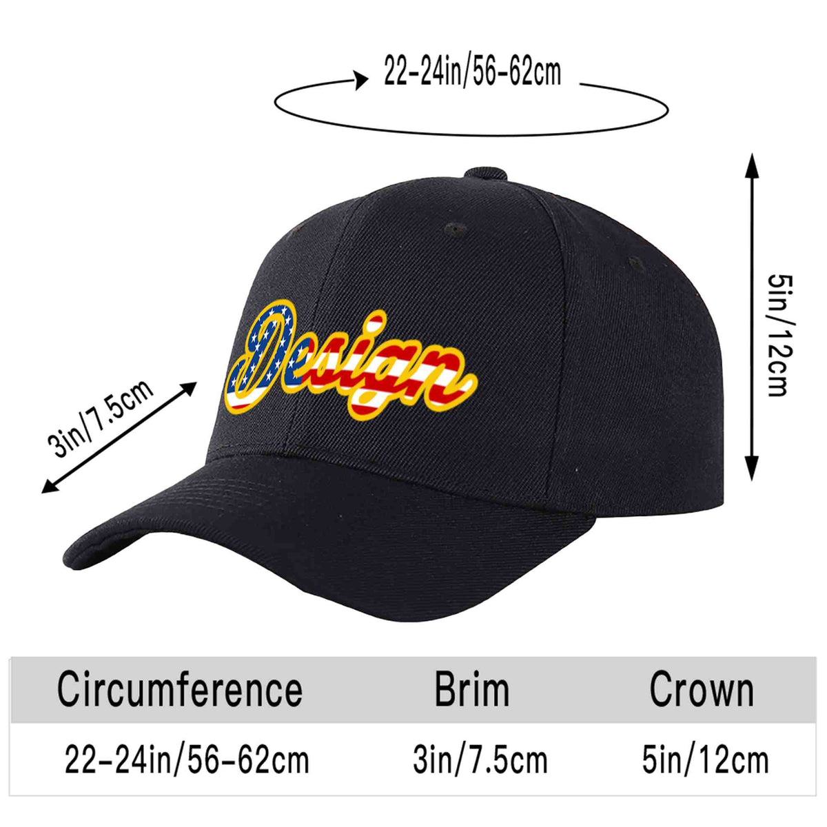 Custom Black Vintage USA Flag-Gold Curved Eaves Sport Design Baseball Cap