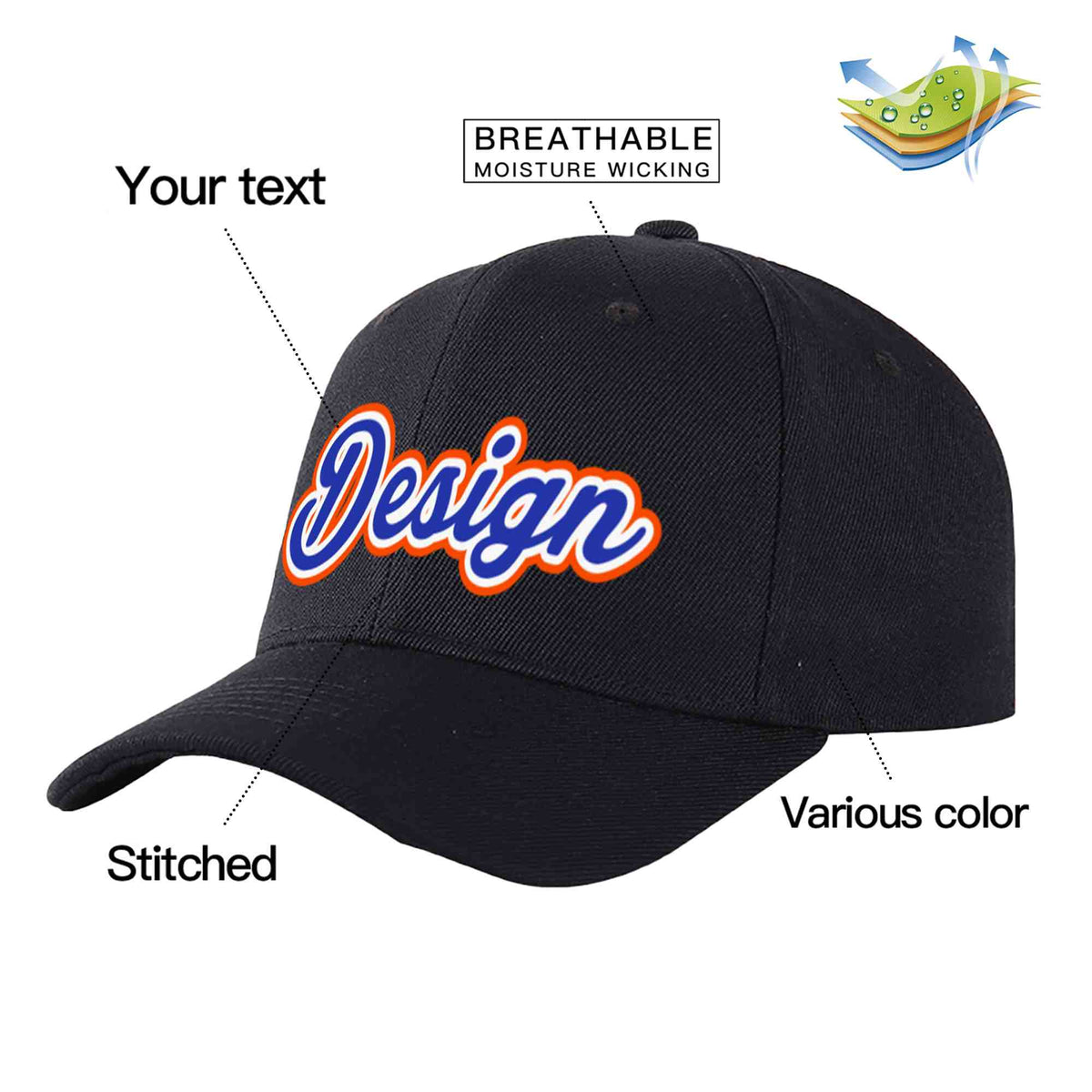 Custom Black Royal-White Curved Eaves Sport Design Baseball Cap