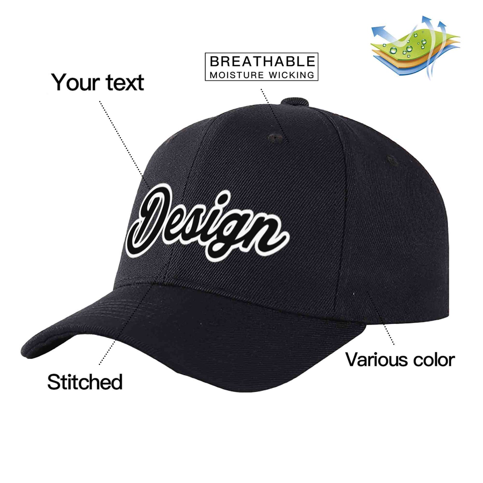 Custom Black Black-White Curved Eaves Sport Design Baseball Cap