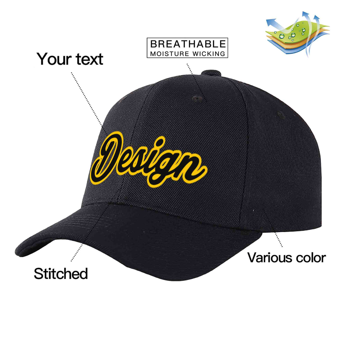 Custom Black Black-Gold Curved Eaves Sport Design Baseball Cap
