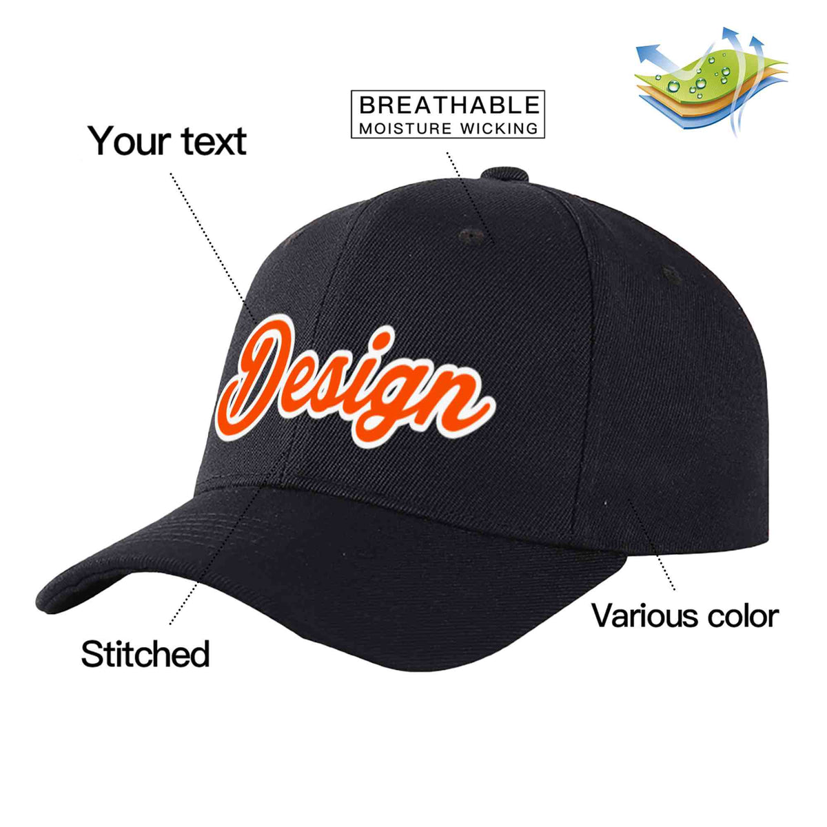Custom Black Orange-White Curved Eaves Sport Design Baseball Cap