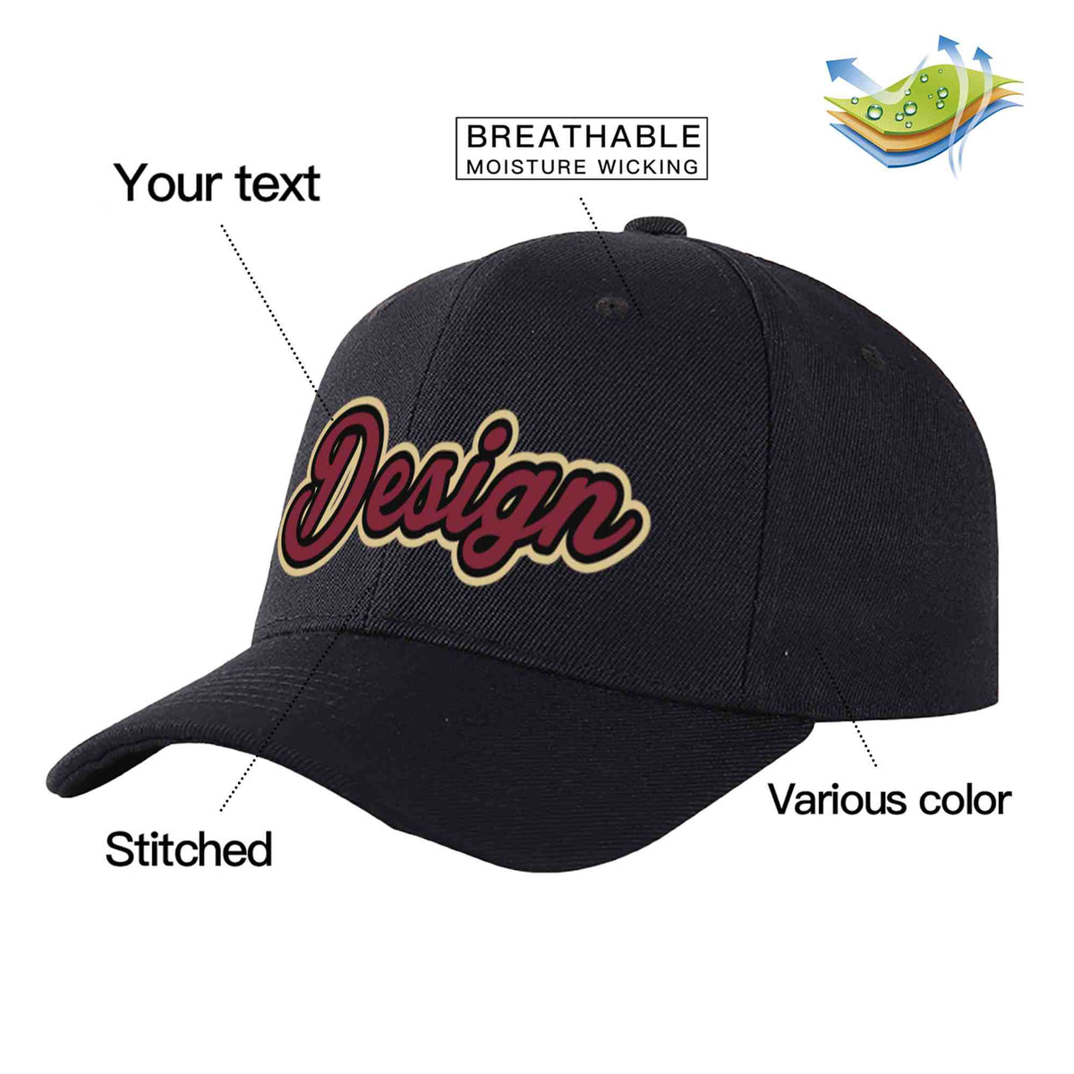 Custom Black Crimson-Black Curved Eaves Sport Design Baseball Cap