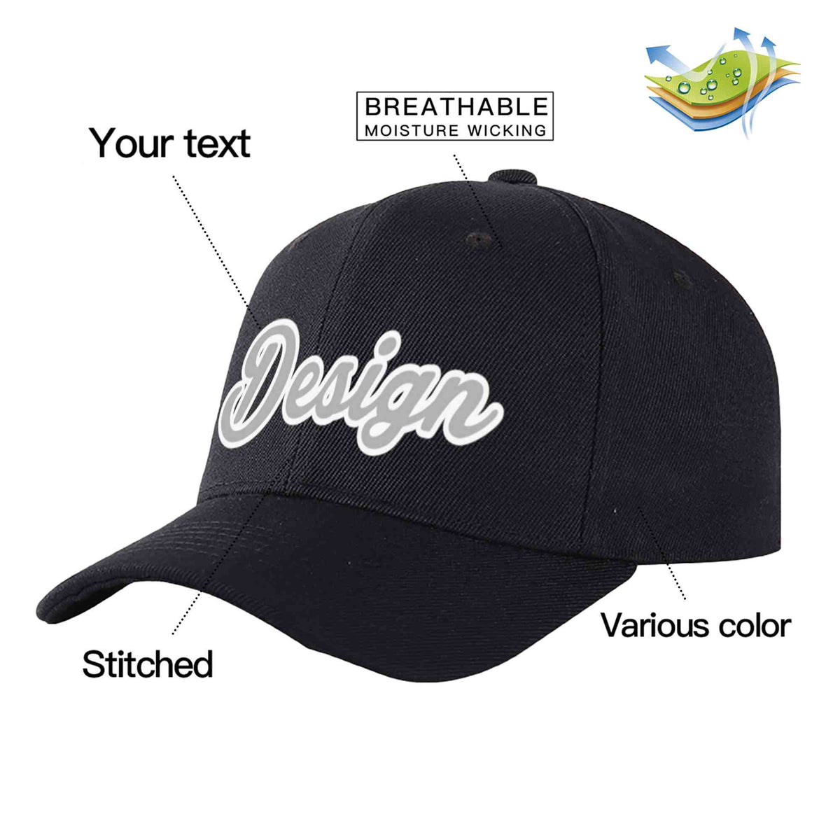 Custom Black Gray-White Curved Eaves Sport Design Baseball Cap