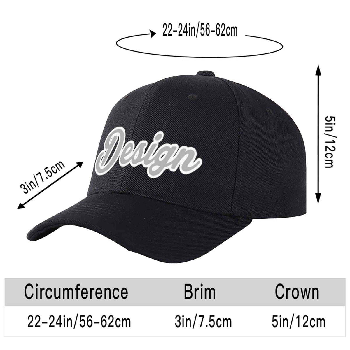 Custom Black Gray-White Curved Eaves Sport Design Baseball Cap