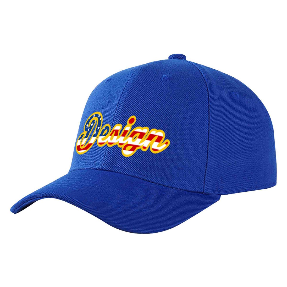 Custom Royal Vintage USA Flag-Yellow Curved Eaves Sport Design Baseball Cap