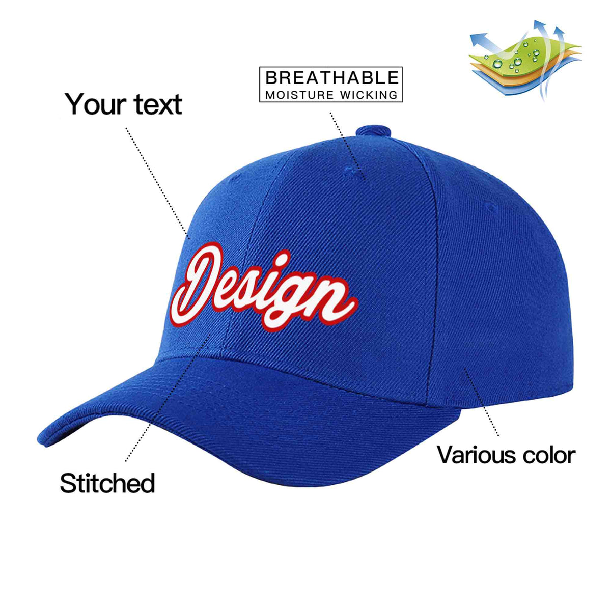 Custom Royal White-Red Curved Eaves Sport Design Baseball Cap