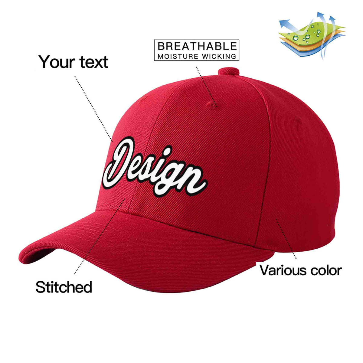 Custom Red White-Black Curved Eaves Sport Design Baseball Cap