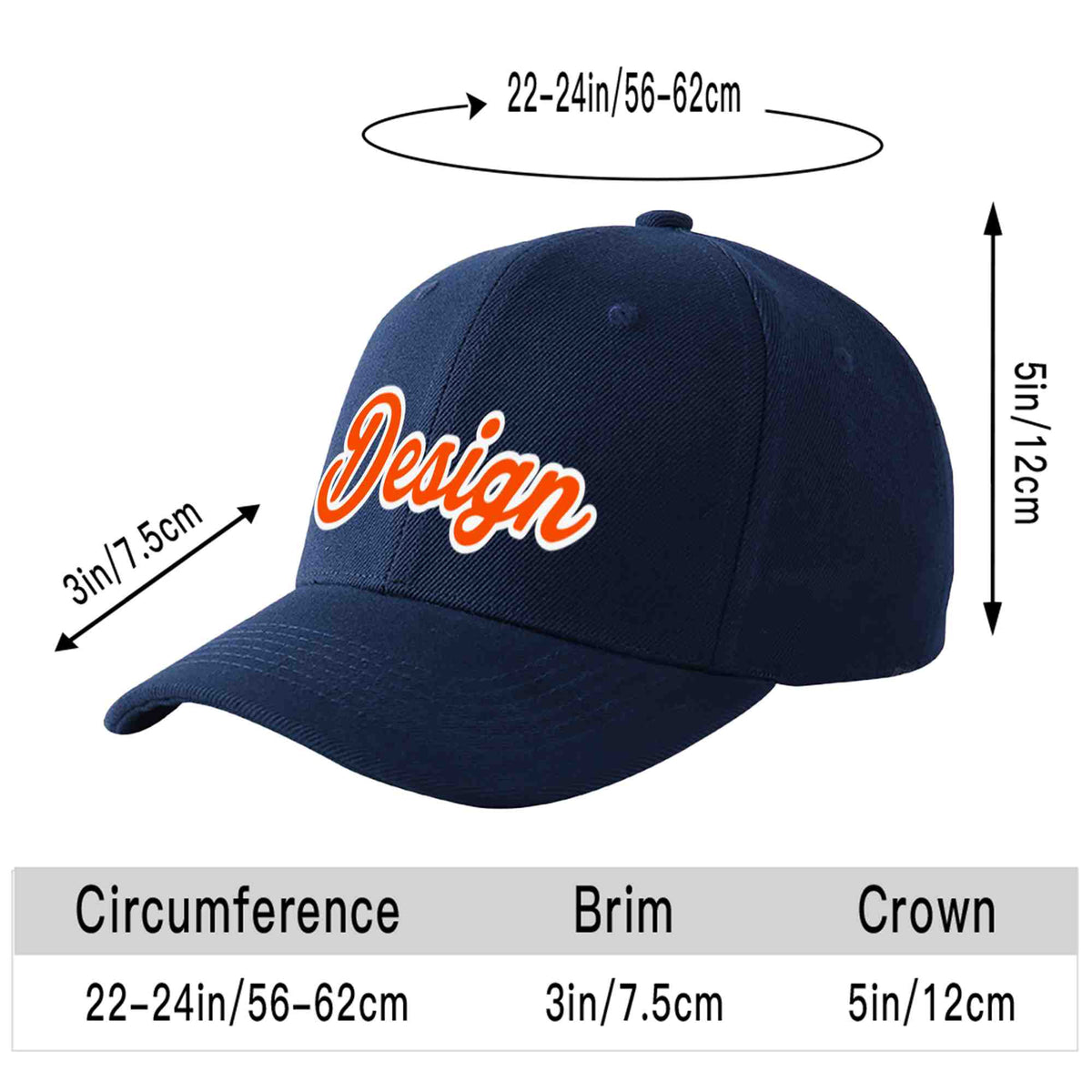 Custom Navy Orange-White Curved Eaves Sport Design Baseball Cap