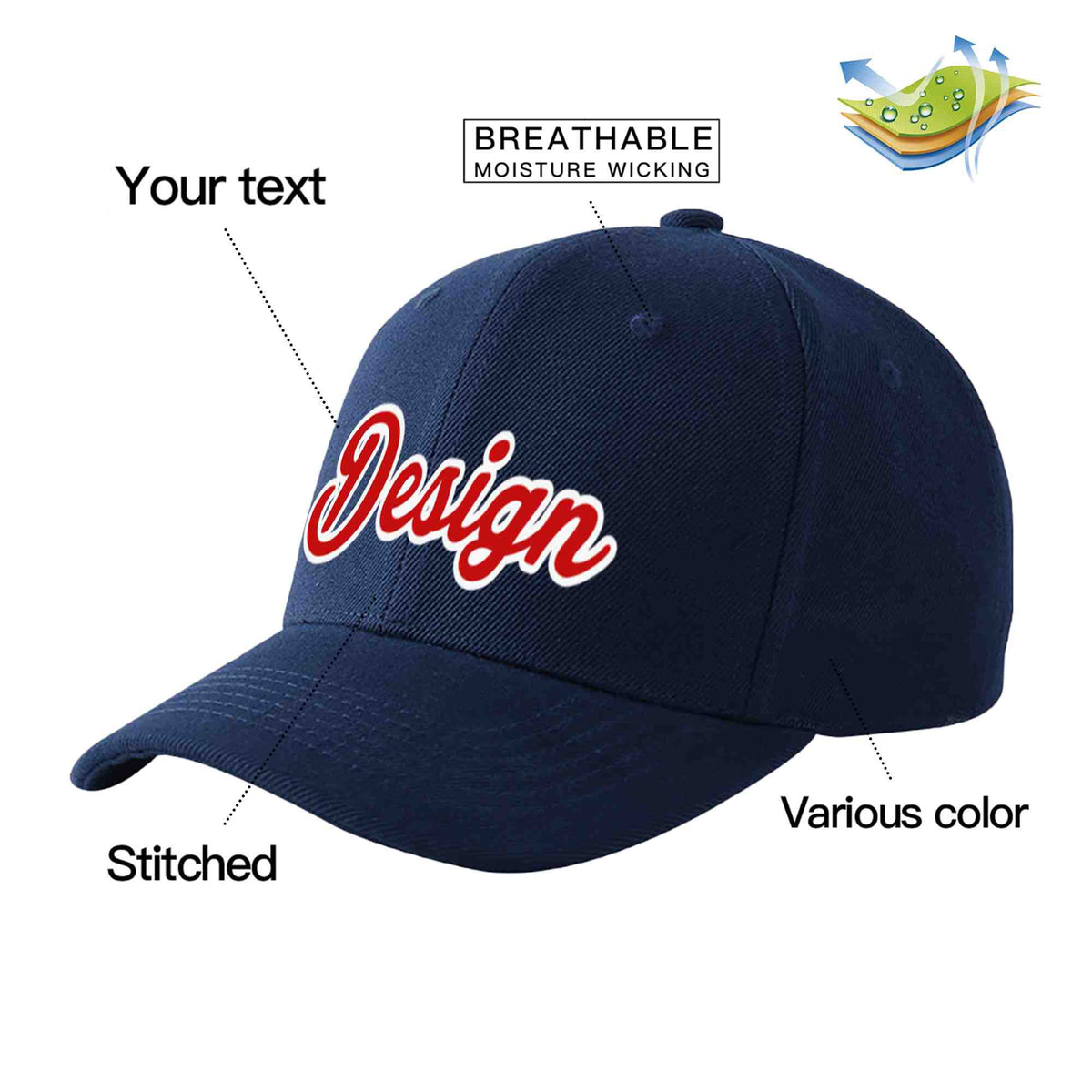 Custom Navy Red-White Curved Eaves Sport Design Baseball Cap