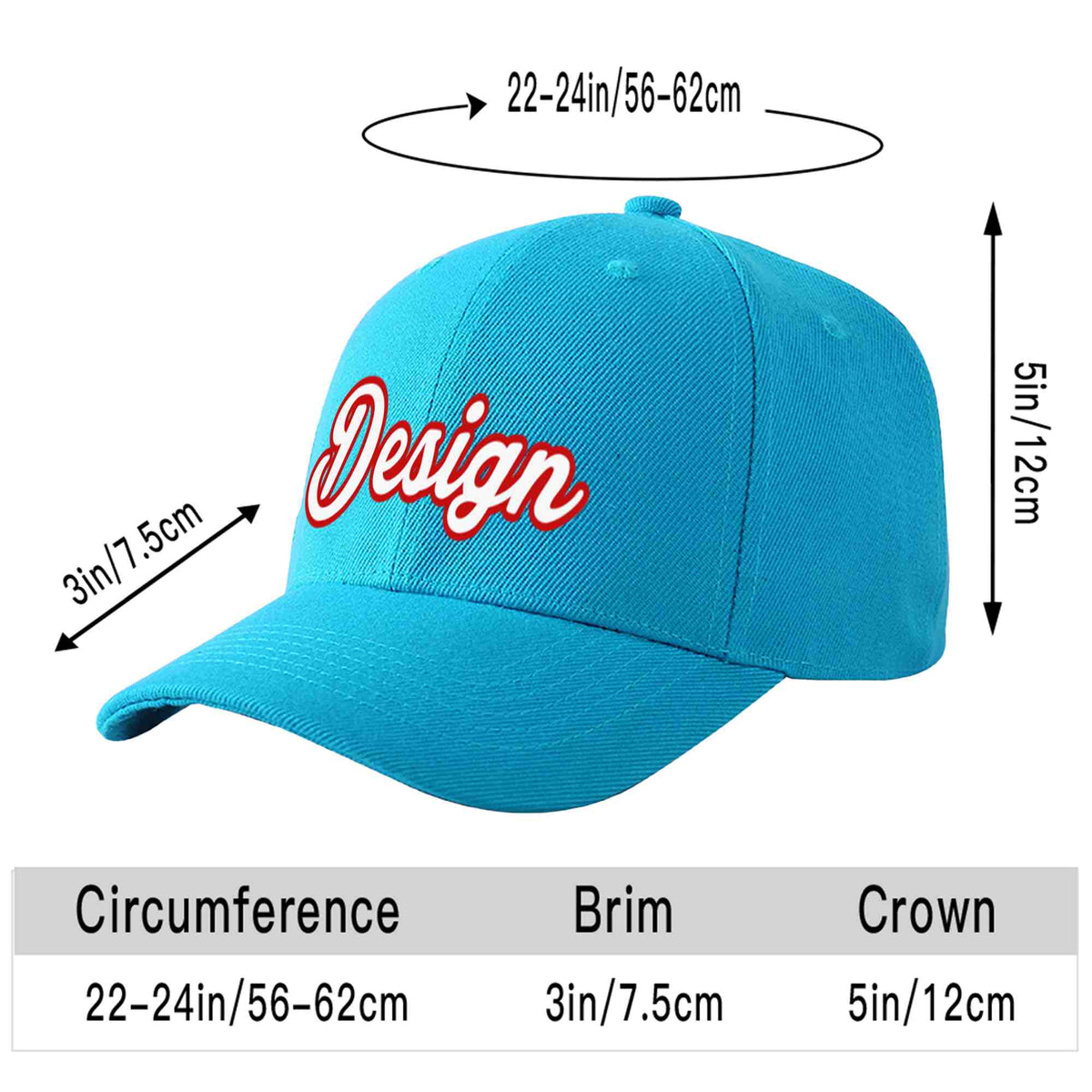 Custom Aqua White-Red Curved Eaves Sport Design Baseball Cap