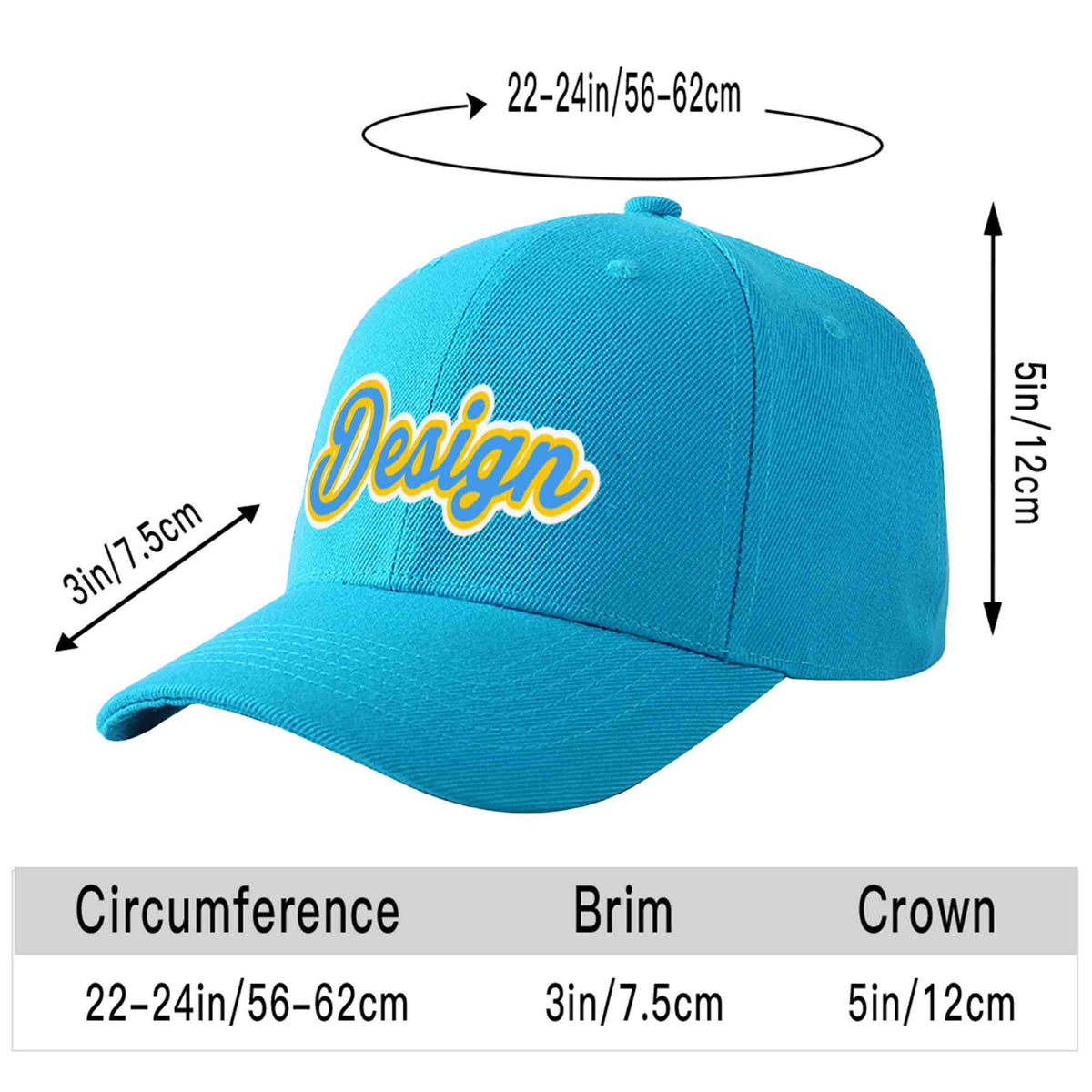 Custom Aqua Powder Blue-Gold Curved Eaves Sport Design Baseball Cap