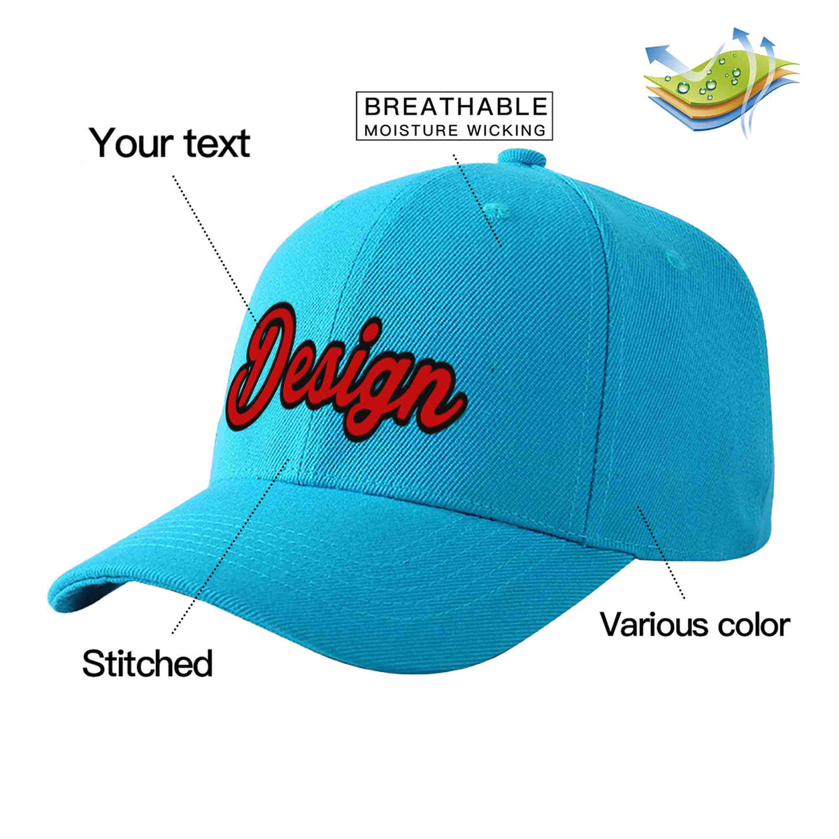 Custom Aqua Red-Black Curved Eaves Sport Design Baseball Cap